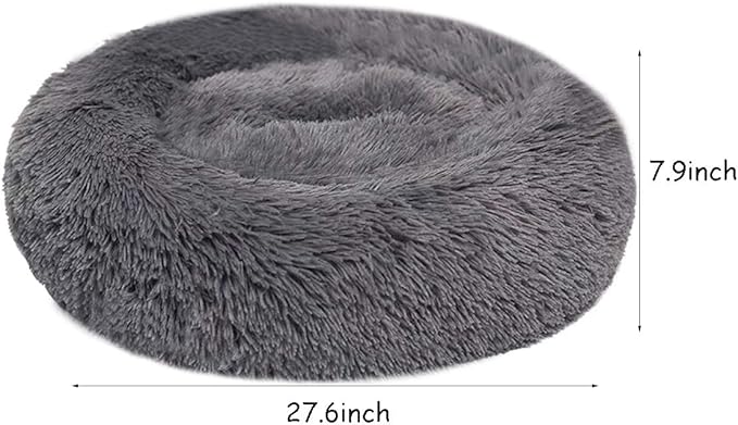 Faux Fur Dog Bed Cat Bed,Shag Round Anti-Anxiety Pet Calming Bed Doughnut Cuddler for Medium Large Puppy Dog Cat Kennel Cushion Self Warming Bed (28'' D x 8'' H, Dark Grey)