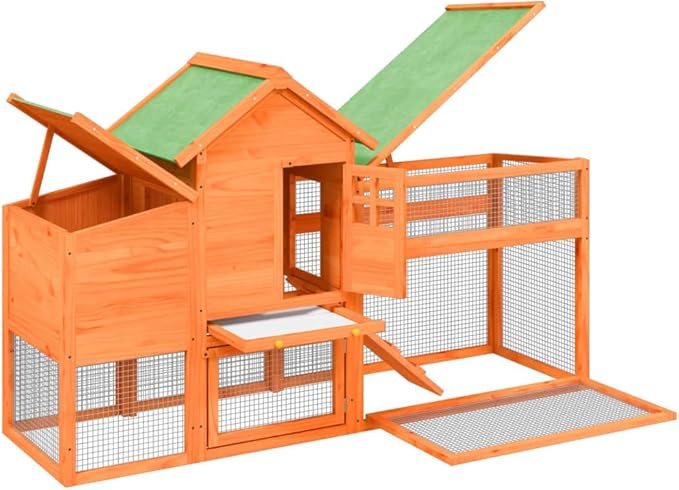 Large Chicken Coop for Backyard, Outdoor Poultry House with Nesting Box and Storage, Solid Pine Wood and Plywood Construction, Rustic Rabbit Hutch, Brown 73.4 x 23.0 x 44.5 Inch