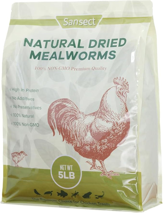 SANSECT 5LB Dried Mealworms, 100% Natural Non-GMO Dried Mealworms for Chickens, High Protein Chicken Feed Meal Worms for Chickens, Ducks, Turtles and Reptiles