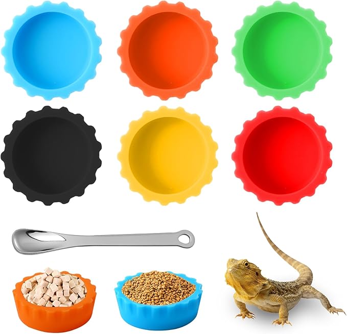6 Pcs Crested Gecko Food and Water Bowl with 1 Spoon, Reptile Feeding Cups for Lizards, Isopods & Small Pets, Easy-Clean Silicone Set