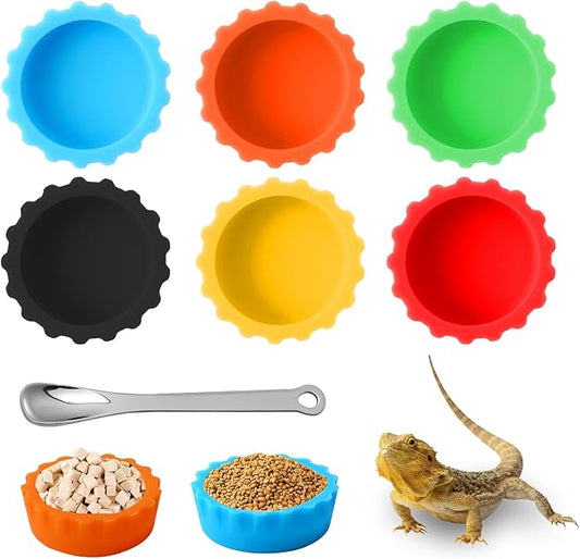 6 Pcs Crested Gecko Food and Water Bowl with 1 Spoon, Reptile Feeding Cups for Lizards, Isopods & Small Pets, Easy-Clean Silicone Set