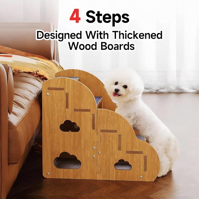 Small Dog Steps for Bed, Wooden Cat Stairs for Old Cats, Pet cat Steps for Couch Sofa Windows,4-Step Ladder,18" L x 12" W x 16" H,Suitable for Height 16-19in