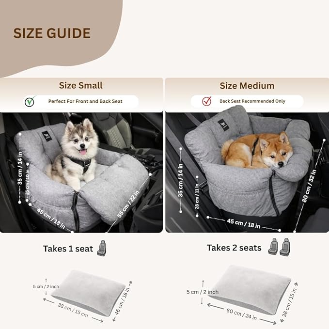 JACKO & CO Premium Dog Car Seat – Safe & Cozy Travel Bed Carrier for Small Dogs, Puppies, Pets, Clip-On Leash, Storage Pockets, Water-Resistant, Machine Wash (Grey, Removable - Medium (25-40lbs))