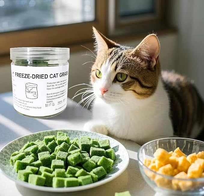 Fangool Freeze-Dried Cat Grass Treats,1.8oz Chicken Freeze-Dried Cat Grass Granules/80% cat Grass Content Hairbal Remedy and Teeth Cleaning