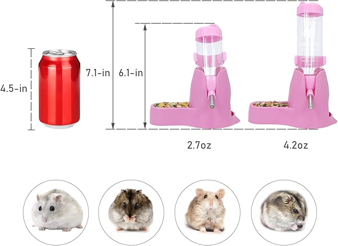 3 in 1 Hamster Hanging Water Bottle Pet Auto Dispenser with Base for Dwarf Hamster Mouse Rat Hedgehog (125ML, Pink)