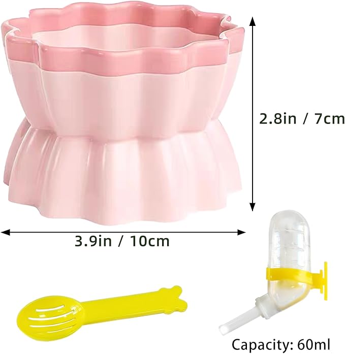 Ceramic Hamster Food Bowl Elevated Hamster Bowl Non-Tip Rat Feeding Dish with Water Bottle for Dwarf Gerbil Mouse Mice Sugar Glider (Pink)