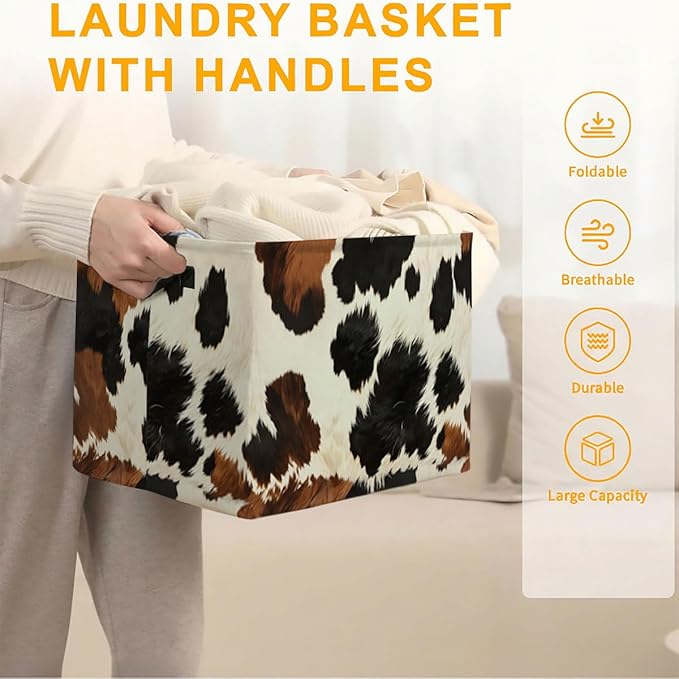 56L Cow Print Laundry Basket Clothes Hamper with Handles,Foldable Blanket Storage Large Laundry Hamper with Waterproof,Toy Storage Bin Organizer,Cube Clothes Organizer,Home Decor Gifts