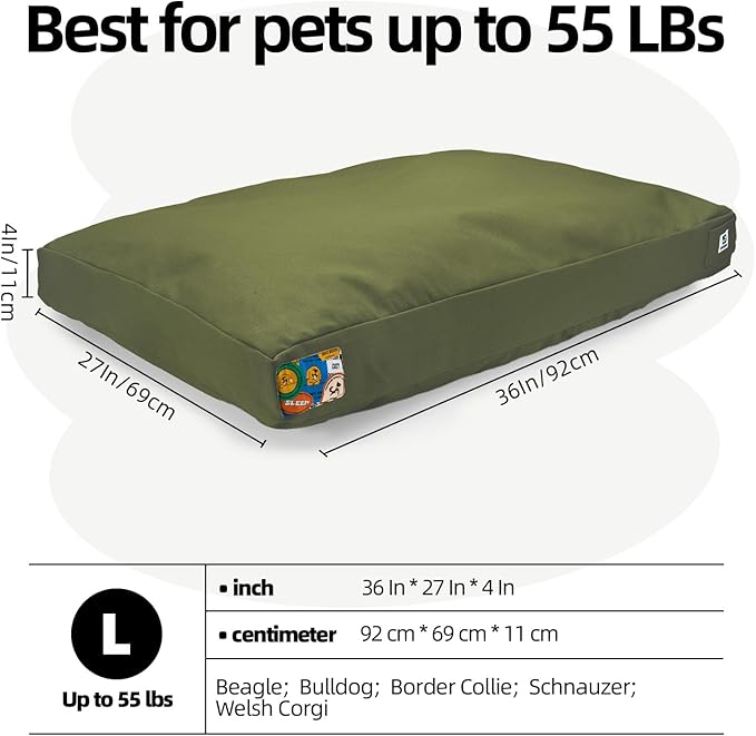 Sytopia 36 Inch Canvas Outdoor Dog Bed for Large Dogs, Chew Proof Dog Bed with Waterproof Machine Washable Removable Cover, Durable Indoor Patio Pet Pad for Crate, Green