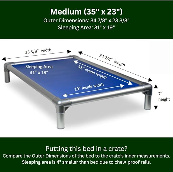 Kuranda Chewproof Elevated Dog Bed - Silver Aluminum - 35" x 23" - Heavy Duty Vinyl - Royal Blue