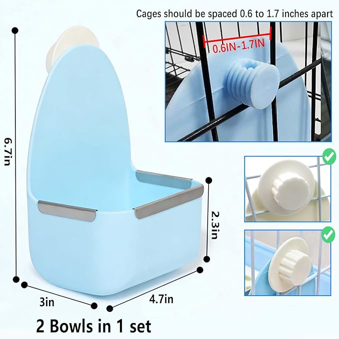 kathson Food and Water Bowl Cage Feeder for Rabbits Dish Feeder Removable Hanging Spill Proof Anti Bite for Rabbit, Guinea Pig, Chinchilla, Hamster, Ferret (Blue)
