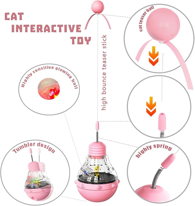 Cat Interactive Toy, Slow Food Dispenser Feeder, Tumbler Design with Teaser Wand & Glowing Ball, Funny Kitten Treats for Indoor Cats Exercise and Boredom Relief (Pink)