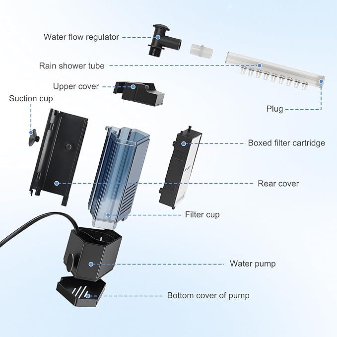 AQQA Internal Aquarium Filter - Submersible 5-40 Gallons Fish Tank Filters, Adjustable Wave Maker, Bottom Inlet Whisper Pump and Underwater Automatic Power Water Filter System for Freshwater (M)