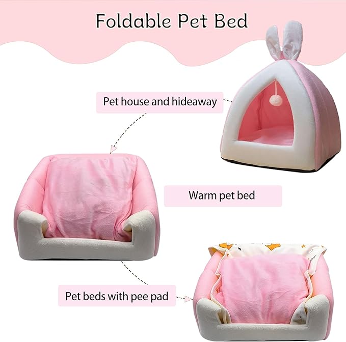 Guinea Pig Bed,Fleece Bunny Hideout House,Warm Rabbit Sleeping Bed with Pee Pad,Winter Large Hiding Hut for Hamster Ferret Rat Chinchilla Hedgehogs,Pink