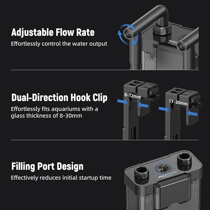 AQUASMITH Hang on Back Aquarium Filter,Ultra-Quiet Small Canister Filter,Multi-Layered Filtration,Bottom Anti-Dry Burn Motor,Extra-Large Filter (92GPH（for 5-20 Gallon）)