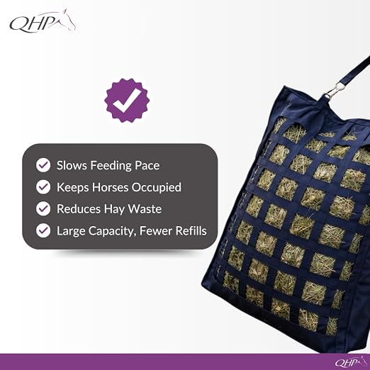 QHP Hay Bag for Horses | Slow Feed Horse Hay Bag | Horse Hay Feeder | 2.4" Mesh | Holds up to 13 lbs | Durable 600D Polyester | Stall, Trailer & Paddock | 2-Year Warranty (Navy)