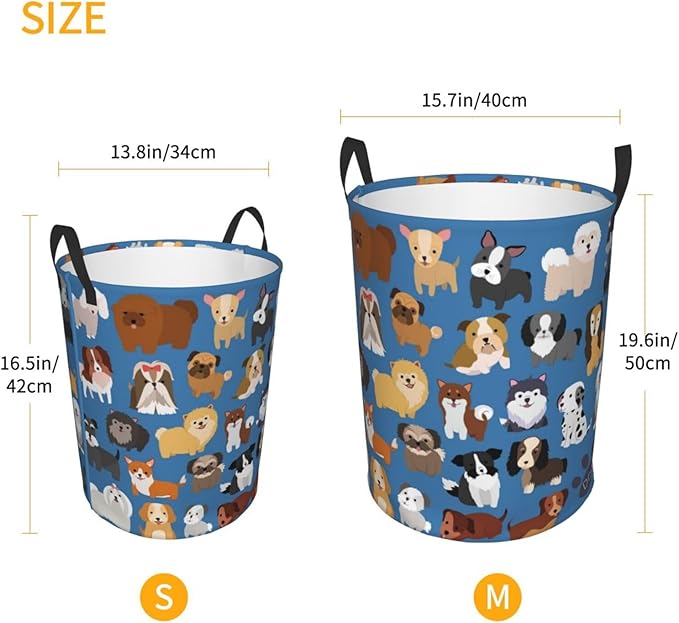 Cute Dogs Blue Round Laundry Hamper Storage Basket Toys Clothes Organizer Bin For Home Bathroom Bedroom Dorm Nursery, 62l