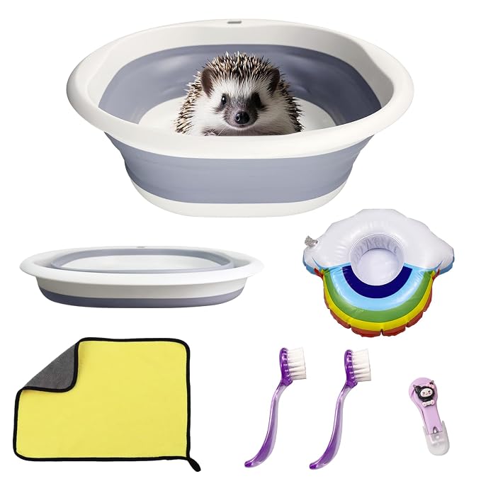 Hedgehog Bath Supplies Kit Hedgehog Bath Set Include Foldable Hedgehog Bathtub Cleaning Brush Nail Clippers Swimming Ring Towel for Small Animal