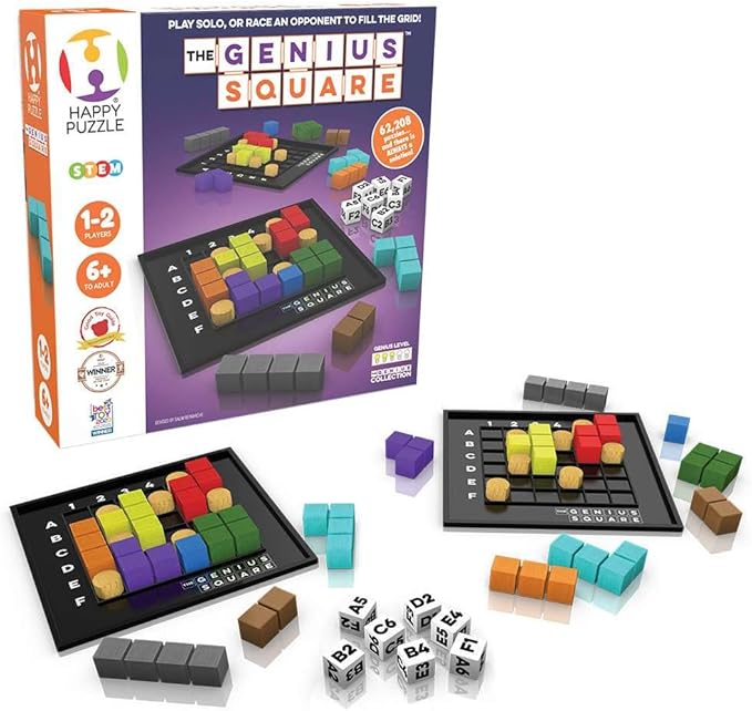 The Genius Square from The Happy Puzzle Company – Game of The Year Award Winner, 60000+ Solutions STEM Puzzle Game. Roll Dice, Race Your Opponent to Fill Grid with Different Shapes!
