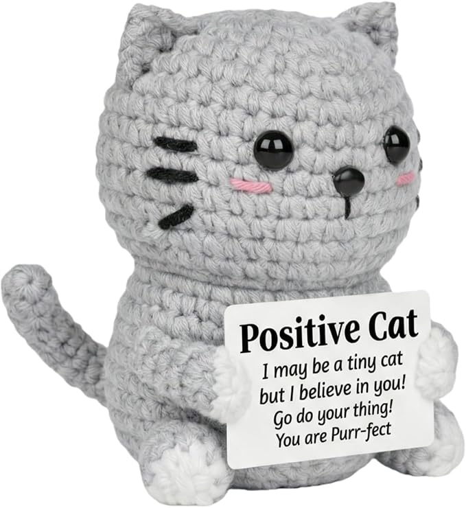 Positive Cat Plush with Encouraging Sign, Crochet Gift of Support for Women, Uplifting Sister Friendship Present, Gray Message Holder Toy