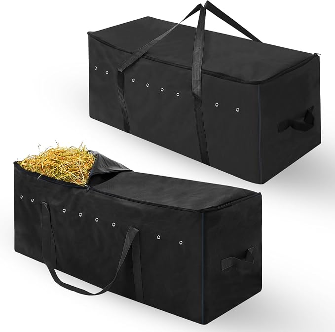 Sanwuta 2 Pack Hay Bale Bag 600d 41 x 15 x 17 Inch Extra Large Hay Storage Container for Horses Oxford Cloth Heavy Duty Tote Bale Storage Bag for Cattle Goats Sheep Horse Supplies(Black)