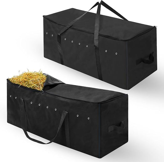 Sanwuta 2 Pack Hay Bale Bag 600d 41 x 15 x 17 Inch Extra Large Hay Storage Container for Horses Oxford Cloth Heavy Duty Tote Bale Storage Bag for Cattle Goats Sheep Horse Supplies(Black)