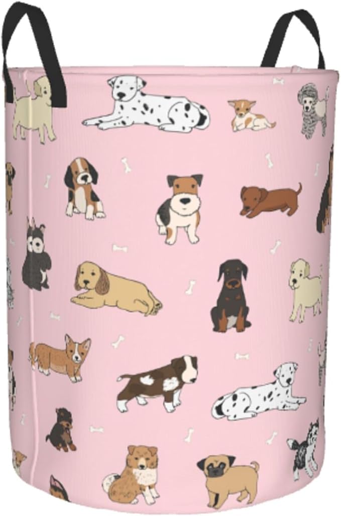 Cute Dog Pink Round Laundry Hamper Storage Basket Toys Clothes Organizer Bin For Home Bathroom Bedroom Dorm Nursery, 62l