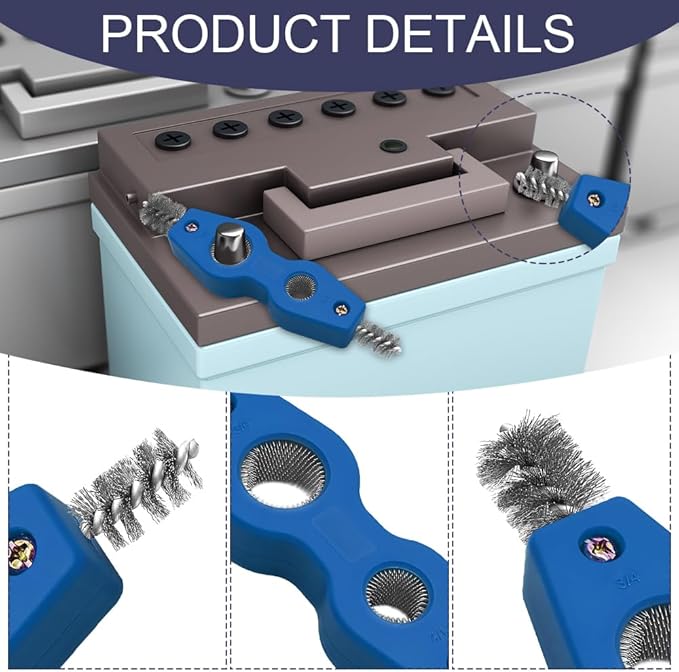 Car Battery Terminal Cleaning Brush, 4 in 1 Auto Battery Terminal Cleaning Tools, Copper Pipes Cleaner Brush Tool, Universal Battery Terminals Machine Parts Cleaning Tool (Blue, 2PCS)