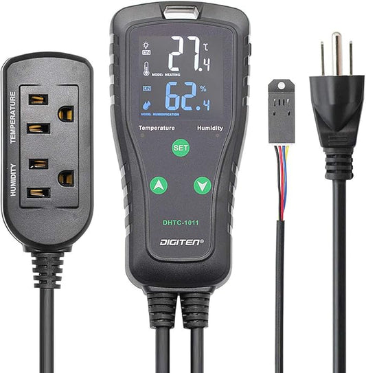 Temperature & Humidity Controller - Outlet Plug-in Thermostat & Humidistat for Reptiles & Greenhouses - Dual Stage Pre-Wired Electronic Controller