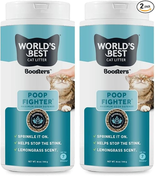 WORLD'S BEST CAT LITTER® Boosters™ Poop Fighter® | Natural and Sustainable Cat Litter Additive | Eliminates Poop, Urine, and Ammonia Odors | Botanical Blocker™ Technology | 18 oz Canister (Pack of 2)
