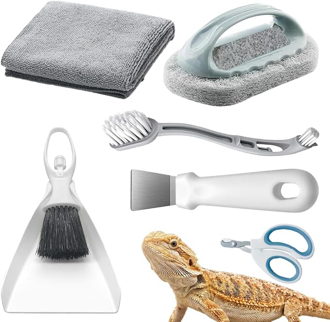 6-Piece Bearded Dragon Tank Cleaning Set, Reptile Enclosure Cleaning Tool Set with Bearded Dragon Nail Clippers&Cleaning Cloth, Brush, Scraper & Mini Dustpan for Lizard & Gecko Terrarium Maintenance