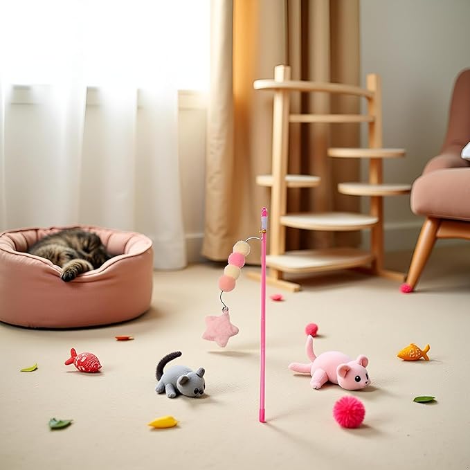 Pink Cat Stick Toy, Teaser Wand Toys, Interactive Toys, Elastic Rope Plush Ball Star Pendant Bite Comfortable Grip, Indoor and Kitten Wand Cat Mice and Animals