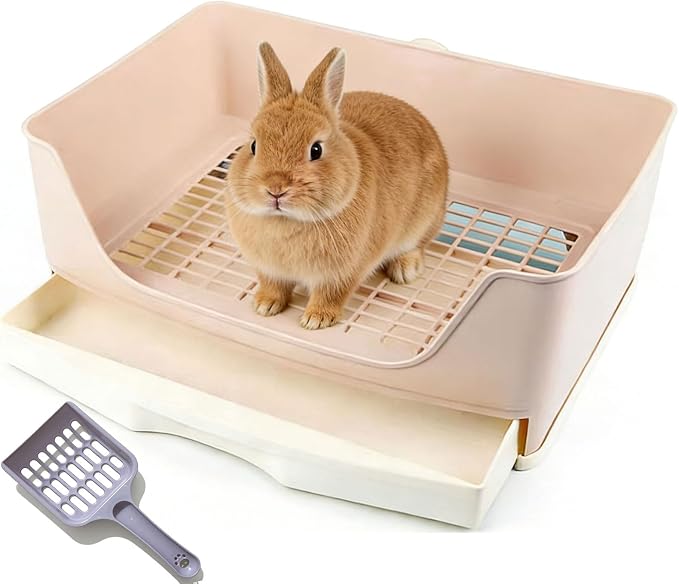 Large Rabbit Litter Box,Corner Potty Trainer with Drawer for Small Animals, Easy Clean Bedding Toilet for Adult Bunny, Guinea Pig, Ferret, Hamster (Brown)