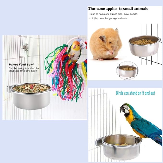Bird Bowls for Cage Stainless Steel, Parakeet Feeding Dish Cups with Clamp Holder, Hanging Hamster Foraging Food Water Bowl for Parrot Cockatiel Budgies Bunny Hedgehog Dog Cat (7.1*2.6inch,Silver)