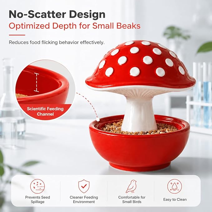 Ceramic Mushroom Bird Feeder No Mess, Spill Proof Bird Food and Water Bowl for Cage, Covered Dispenser for Parakeet, Budgie, Cockatiel, Lovebird, Hamster Accessories, 4.3" Tall