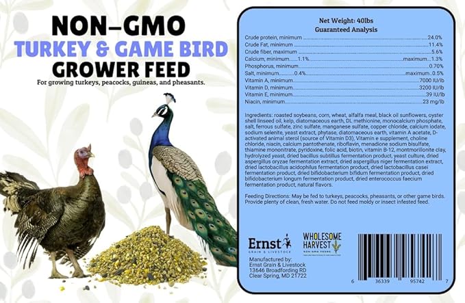 Non-GMO 10 lb Turkey Feed - Natural Peacock, Game Bird & Bird Feed, 24% High Protein Complete Food with Essential Oils, Herbs, Vitamins & Probiotics Formula for Healthy Flock Growth