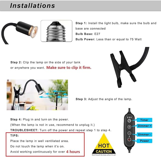 DOMICA Dimmable Reptile Heat Lamp with Timer + 75W UVA UVB Light Bulb, Basking Spot Light Simulated Sunlight, Heating Lamp for Turtle, Lizard, Snake, Beared Dragon, Amphibians