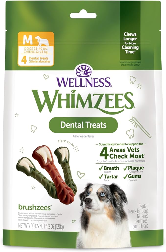 Wellness WHIMZEES Brushzees Dog Dental Treat, VOHC Accepted Chews, Freshens Breath, Medium Size, 4.2 oz Bag, 4 Count