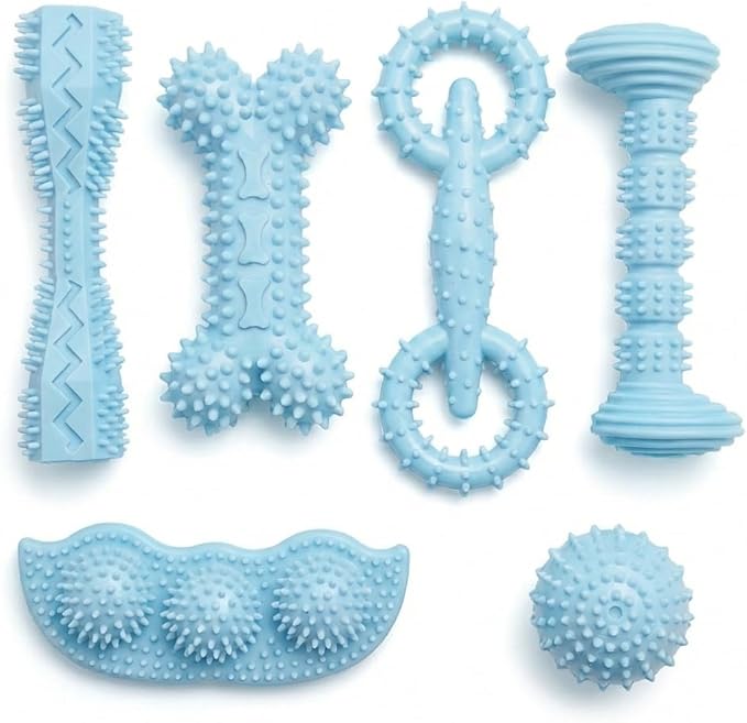 Puppy Chew Toys 6 Pack, Soft TPR Teething Toys for Puppies 2–10 Months, BPA Free Non Toxic Set with Treat Dispensing Stick, Tug Ring & Squeaky Ball for Small Medium Dogs (Blue)