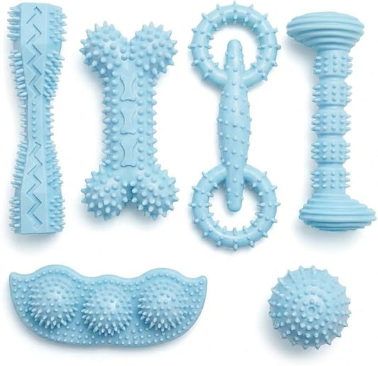 Puppy Chew Toys 6 Pack, Soft TPR Teething Toys for Puppies 2–10 Months, BPA Free Non Toxic Set with Treat Dispensing Stick, Tug Ring & Squeaky Ball for Small Medium Dogs (Blue)