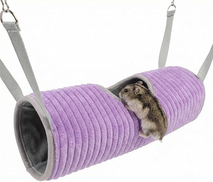 Hanging Ferret Tunnel Hammock, Warm Plush Dwarf Hamster Hideout Bed with Metal Hooks, Washable & Foldable for Hedgehog (Purple)