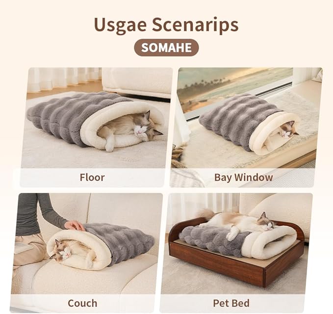 SOMAHE Cat Sleeping Bag for Indoor Cats, Faux Fur Pet Cave Bed & Burrow Nest, Reversible Plush Snuggle Sack, Portable Foldable Mat, Machine Washable, Anti-Static, 21.7"x17.7" White