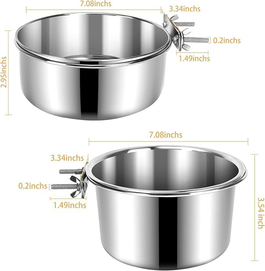 2 Pcs Large Pet Dog Food Water Bowl for Cage Stainless Steel Non-Spill Kennel Hanging Cats Bowls with Clamp Holder Crate Feeder Dish for Medium Large Dogs Huge Pets (7.1x3.7'' & 7.1x2.5'')