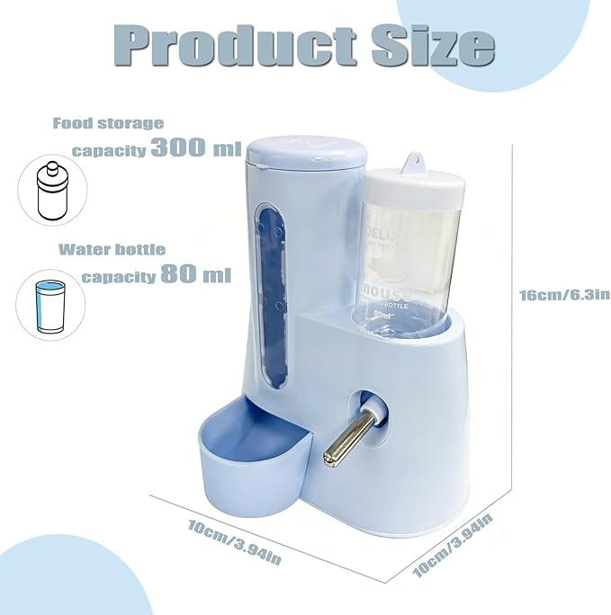 Hamster Food Bowl Guinea Pig Water Bottle No Drip - 2-in-1 Automatic Feeder and Waterer with Roller Ball Design, 300ml+80ml