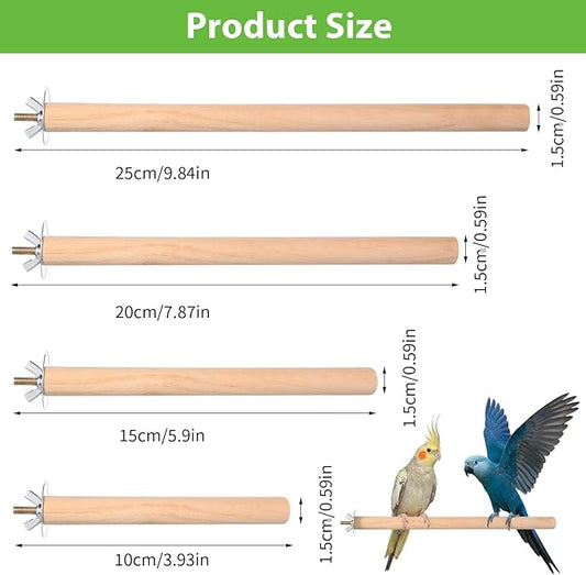 4Psc Bird Perches for Cage, Wooden Parrot Perches Stand with 4Pcs Nuts 8Pcs Washers, Different Length Natural Perch Bird Cage Accessories for Macaws Parakeets Conures Budgies Finches