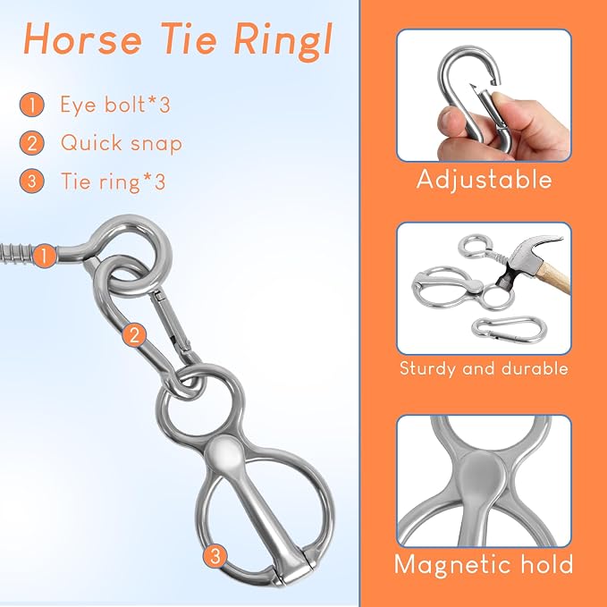 Horse Tie Ring, Upgraded 4 Sets Horse Tack and Supplies, 304 Stainless Steel Safe Horse Accessories Training Equipment with Eye Bolt and Snaps Saddle | Supports horse pulling back, Adjustable for different setups, Protects horse and handler