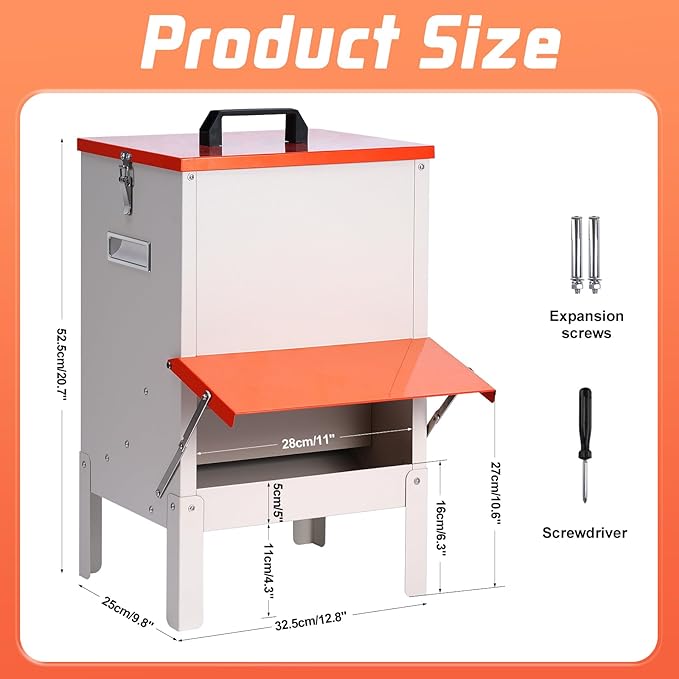 30lbs Automatic Chicken Feeder and Duck Feeder for Outside, Metal Chicken Feeders No Waste, Large Poultry Feeder for Chickens, Ducks, Geese, Pigeons, Dogs, Cats (Orange)