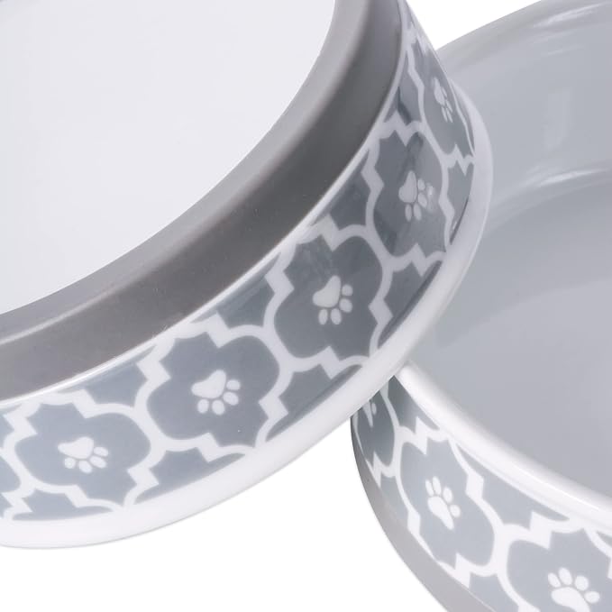 Bone Dry Paw Print Ceramic Pet Bowl, Lattice Collection, Large Set, 7.5x2.4", Gray, 2 Count