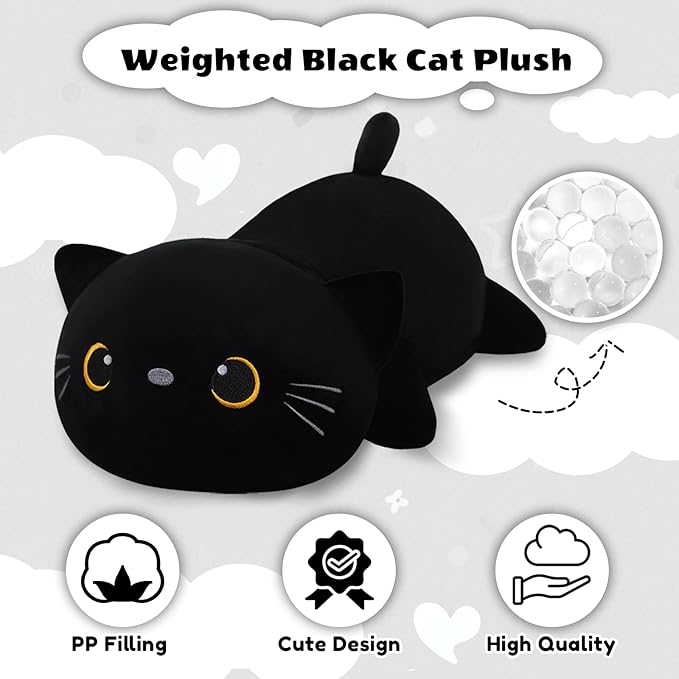 Finebee Weighted Black Cat Stuffed Animals, Cute Weighted Black Cat Plush, Soft Comfort Stuffed Weighted Plushie Pillow Gifts for Kids & Adults (9.8" 0.8Lbs)