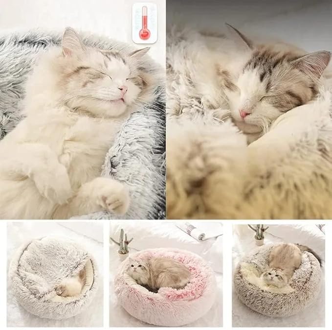 Cat Bed Round Fluffy Hooded Cat Bed Cave, Anti-Anxiety Cave Bed with Hooded Blanket, Cozy Cuddler Luxury Puppy Pet Bed, Anti-Slip Bottom and Machine Washable (Coffee, Medium)