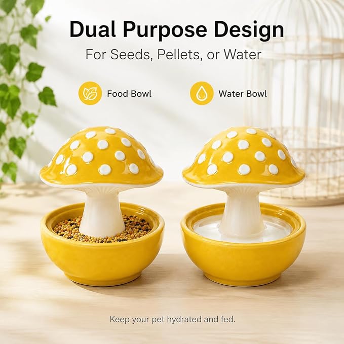 Cute Mushroom Ceramic Bird Water Dispenser & Seed Bowl, Premium Glazed Anti-Dust Feeding Dish for Small Parrots, Conures, Hamsters, Heavy Duty Cage Accessory